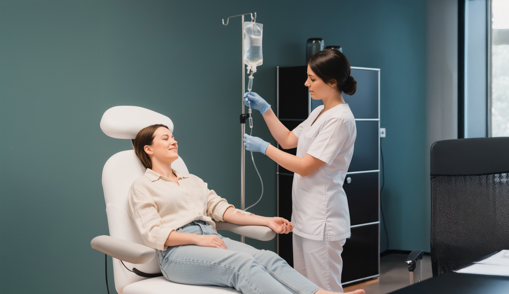 Patientin während einer betreuten i.v.-Vitamininfusion in entspannter Atmosphäre in Freiburg